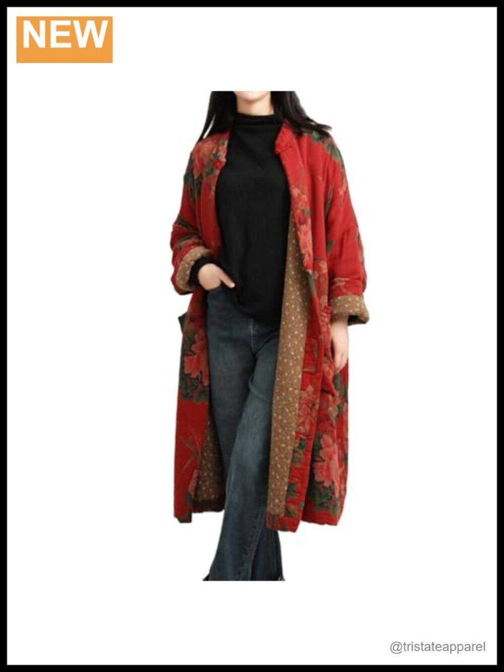 Cotton Padded Floral Print Kimono Quilted Long Jacket